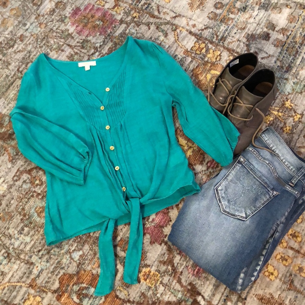 Pearl tie waist blouse.